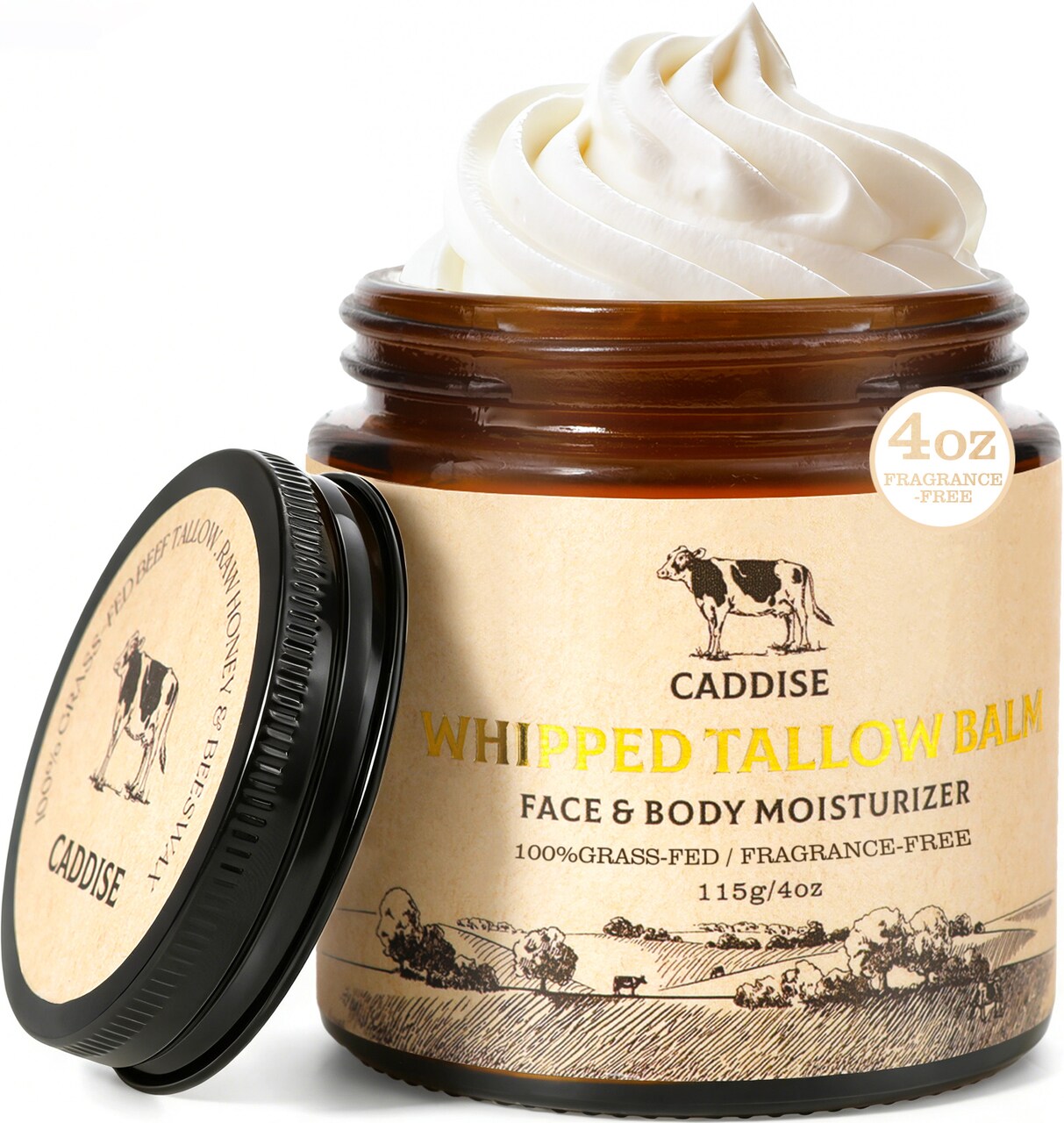 Whipped Beef Tallow for Skin–100% Grass-Fed Handmade Cream Moisturizer for Face & Body, Natural with Honey, Shea Butter, Jojoba Oil, Non-Greasy, Nourishing for Men, Women, Kids, 4 Oz (Unscented)